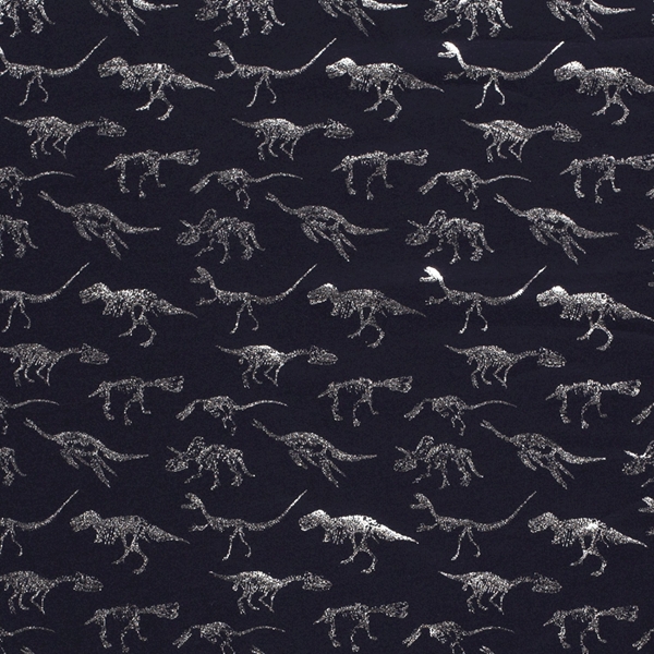 TISSU JERSEY IMPRIME DINOSAURE METAL MARINE ARGENT