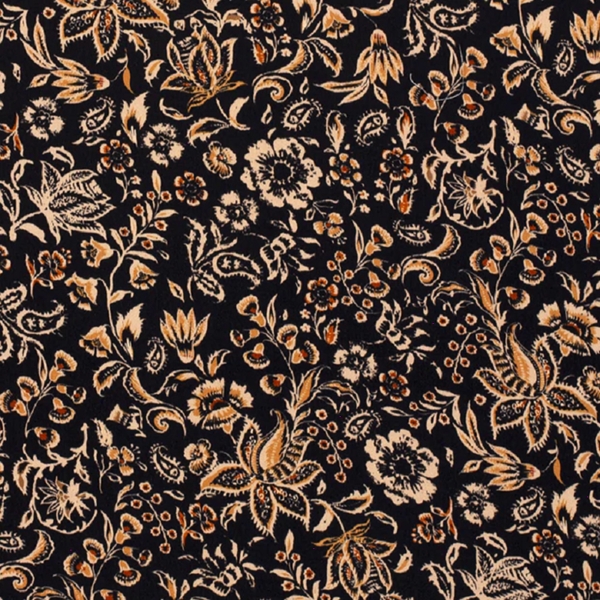 TISSU SATIN VISCOSE VINTAGE FLEUR NOIR BEIGE