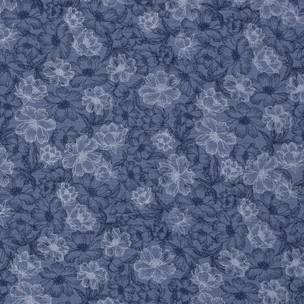 TISSU GAZE DE COTON GROSSE FLEURETTE FOND BLEU