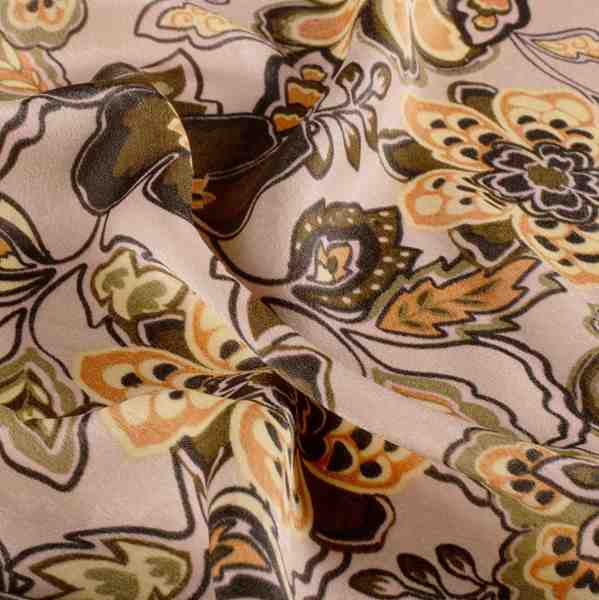 TISSU POLYESTER SATIN IMPRIMÉ FLORAL NUDE ET AMBRE
