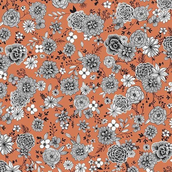 TISSU COTON  FLORAL ORANGE PAPRIKA 