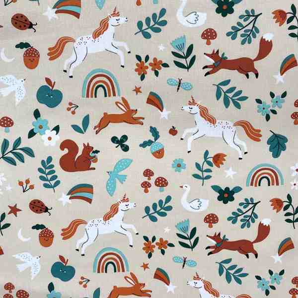 TISSU COTON CASSIOPEE LICORNE ET ANIMAUX BEIGE