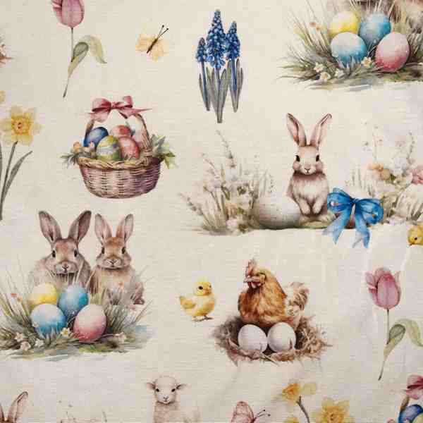 TISSU IMPRIMÉ PÂQUES ANIMAUX ET FLEURS FOND BLANC