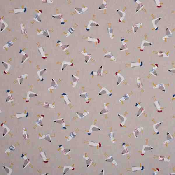 TISSU ASPECT LIN MOTIF MOUETTES STYLE BORD DE MER
