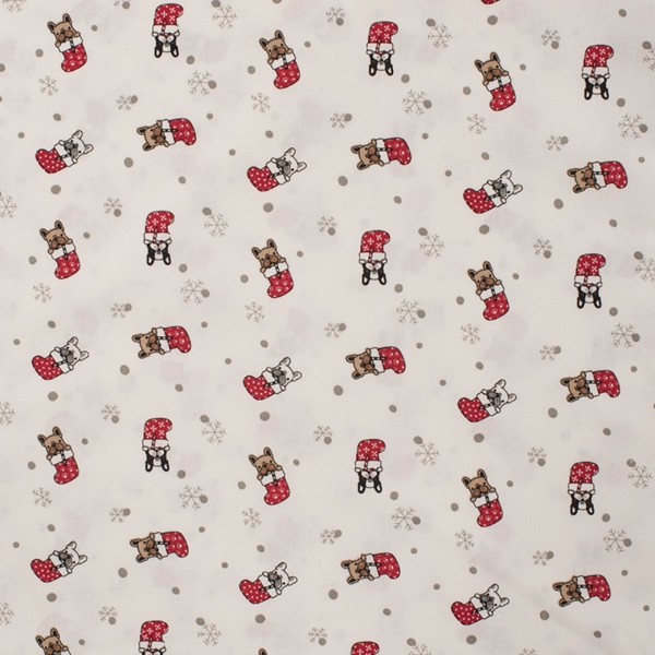 TISSU POPELINE DE COTON NOEL ROUGE CHIEN BULLDOG