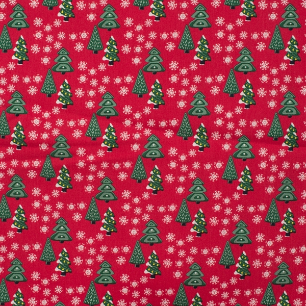 TISSU NOEL COTON FOND ROUGE SAPIN VERT