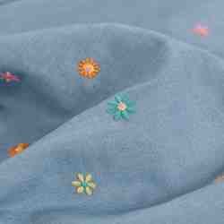 TISSU JEAN BLEU BRODERIE FLEUR MULTI