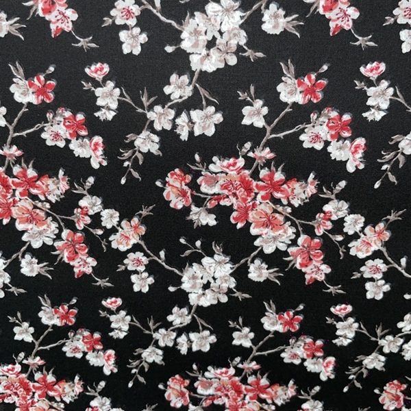 TISSU JAPONAIS FLEURS ROUGE FOND NOIR 