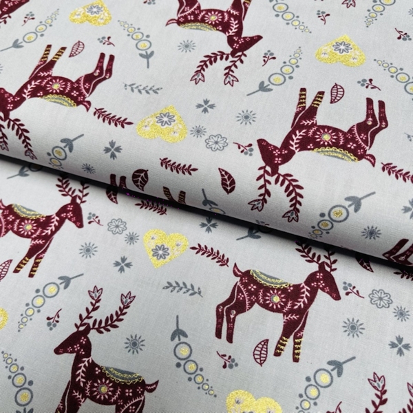 TISSU COTON IMPRIME DE NOEL CARIBOU BORDEAU COEUR
