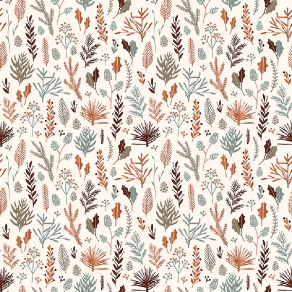 TISSU COTON IMPRIME FEUILLE DE NOEL NATUREL