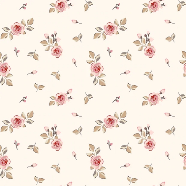 COTON IMPRIME BOUTON DE ROSE FOND ECRU