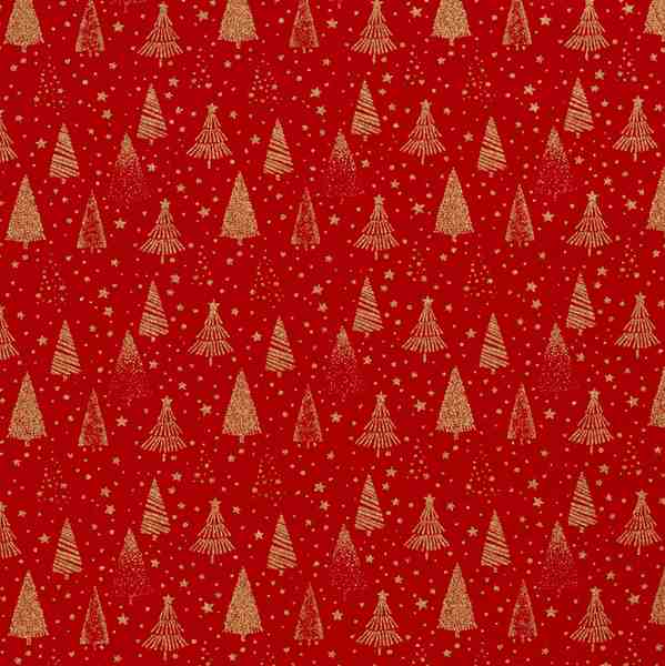 TISSU NOEL COTON FOND ROUGE SAPIN DORE 