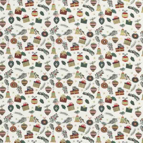 TISSU COTON NOËL CADEAUX ET BOULES FOND ÉCRU