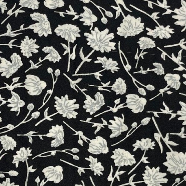 TISSU CHEMISIER CREPE POLYESTER FLEURS NOIR BLANC