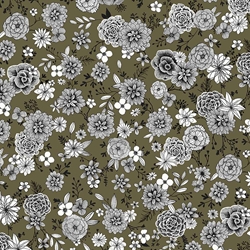TISSU COTON ENDUIT FLORAL VERT KAKI