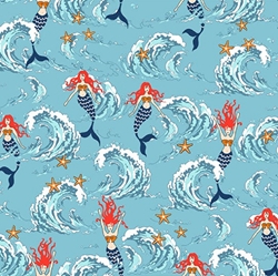 TISSU COTON SIRENE BLEU THEME MER