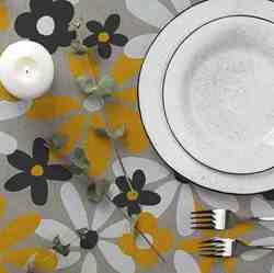 TOILE ASPECT LIN ENDUIT FLEURS HIPPIE JAUNE