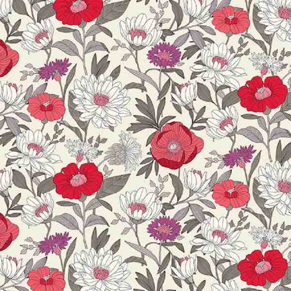 TISSU COTON FLEUR DES CHAMPS MAJORQUE GRIS ROUGE