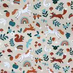 TISSU COTON CASSIOPEE LICORNE ET ANIMAUX BEIGE