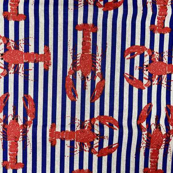 TISSU ASPECT LIN MOTIF HOMARDS RAYURES MARINES