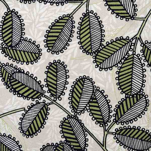 TISSU TOILE BACHETTE FEUILLES ETHNIQUES BEIGE VERT
