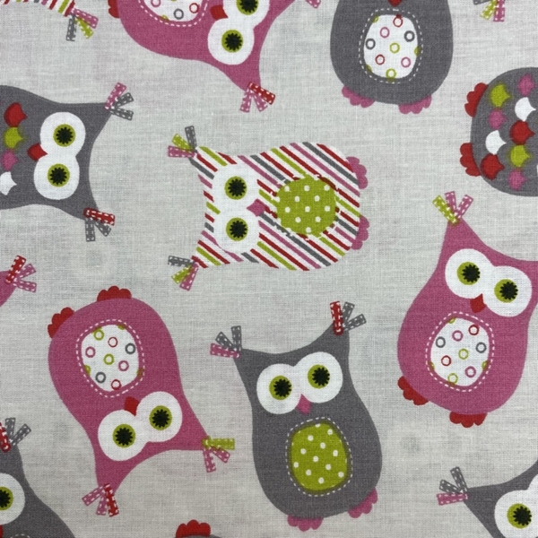 COUPON 75X40CM HIBOU ROSE ET GRIS FOND GRIS