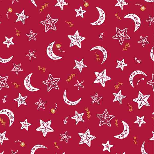 TISSU COTON ETOILE ET LUNE DE NOEL ROUGE BLANC OR