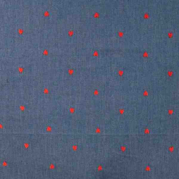 TISSU COTON JEAN BRODÉ CŒURS ROUGES