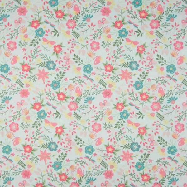 TISSU COTON PASTEL FLEUR ROSE ET TURQUOISE 