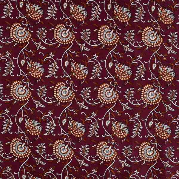 TISSU COTON IMPRIMÉ MOTIFS FLORAUX INDIENS BORDEAU