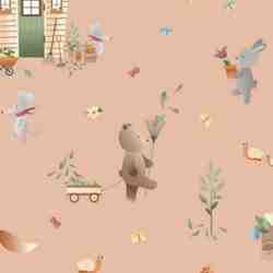 TISSU COTON JARDIN DES ANIMAUX – FOND PÊCHE PASTEL