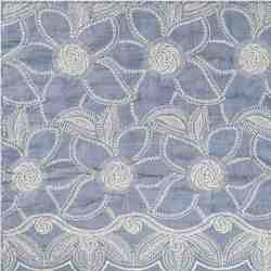 TISSU COTON BLEU BRODERIE FLEURS