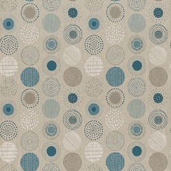 TISSU TOILE ASPECT LIN  CERCLES BLEUS 