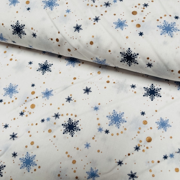 TISSU COTON IMPRIME DE NOEL FLOCON BLEU NATUREL