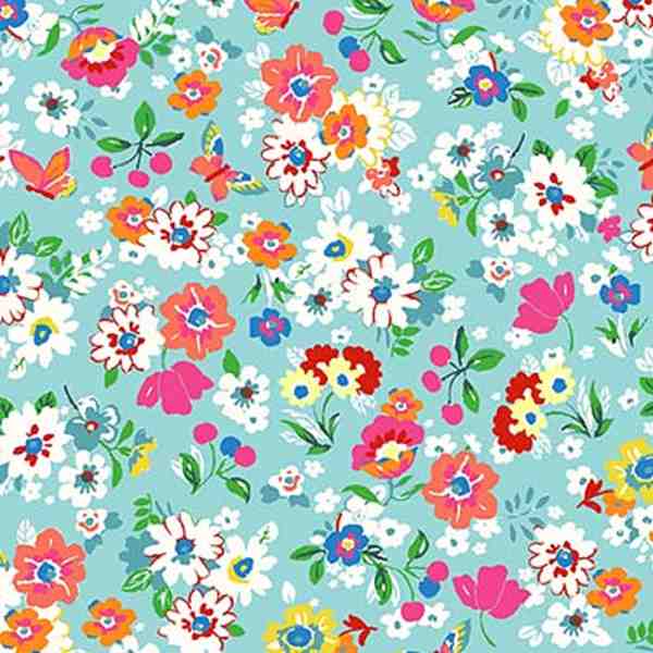 TISSU COTON FLEURI CHARLINE TURQUOISE