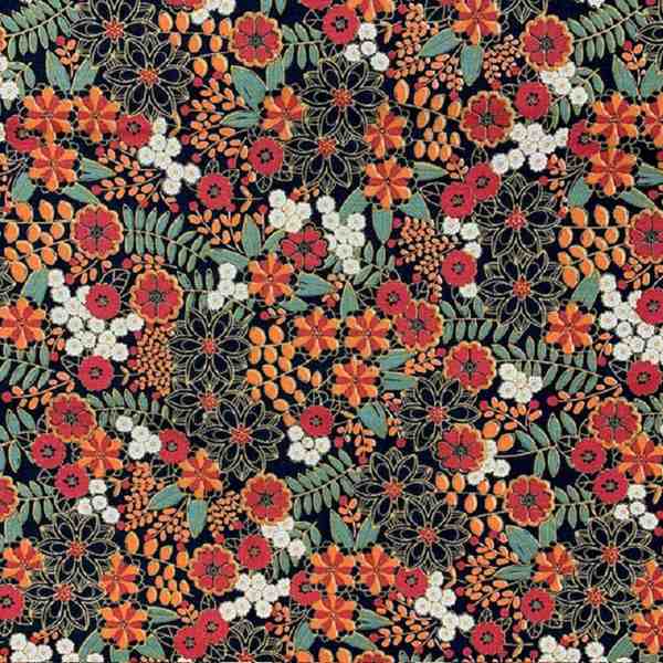 TISSU COTON ENDUIT FLEURS LILY VERT ORANGE