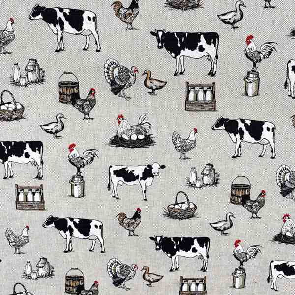 TOILE ASPECT LIN LA CAMPAGNE VACHES ET POULES