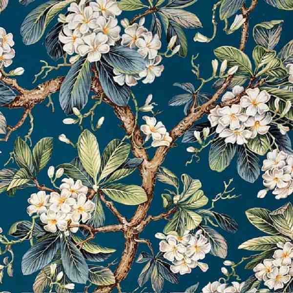 TISSU TOILE BACHETTE BRANCHE ET FLEUR FOND MARINE