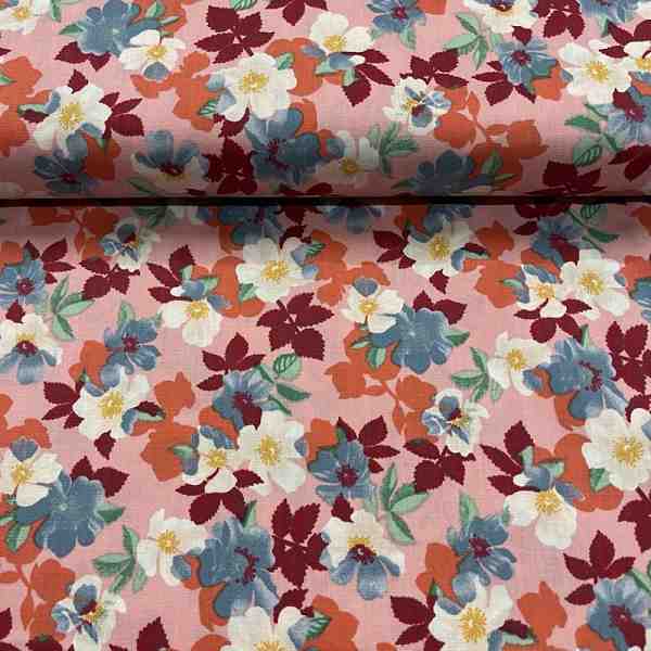 TISSU COTON IMPRIME FLEURS ROSE