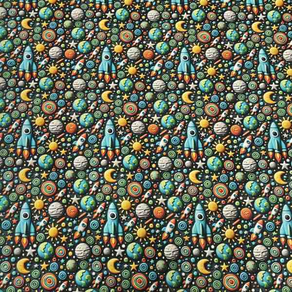 TISSU 3D COTON MOTIFS ESPACE PLANÈTE FUSÉE ÉTOILE