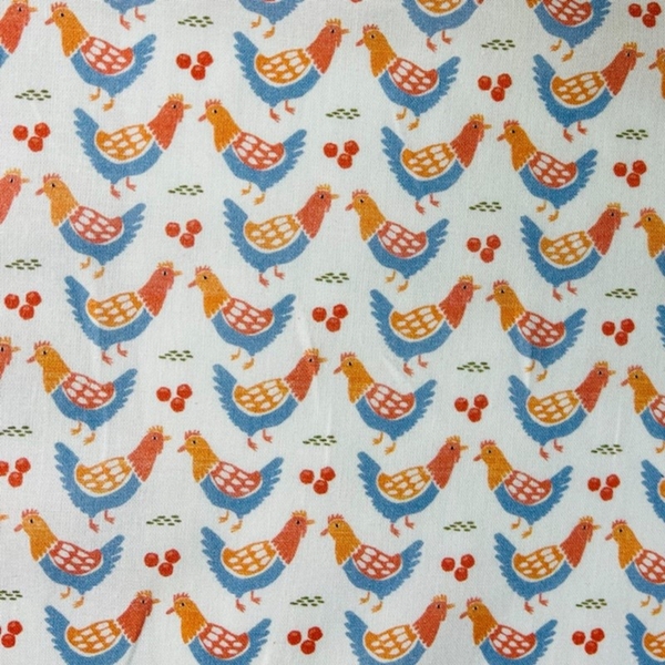 TISSU COTON POULE BLEU ORANGE