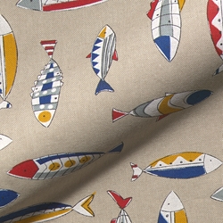 TISSU TOILE ASPECT LIN POISSON BLEU BLANC ROUGE 