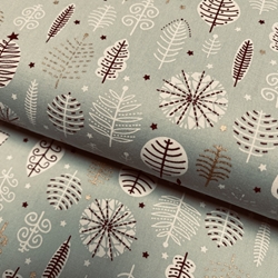 TISSU NOEL COTON FOND GRIS FEUILLES  OR