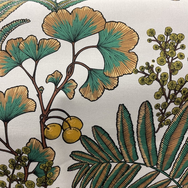 TISSU TOILE COTON FEUILLES DE GINKO FOND FICELLE