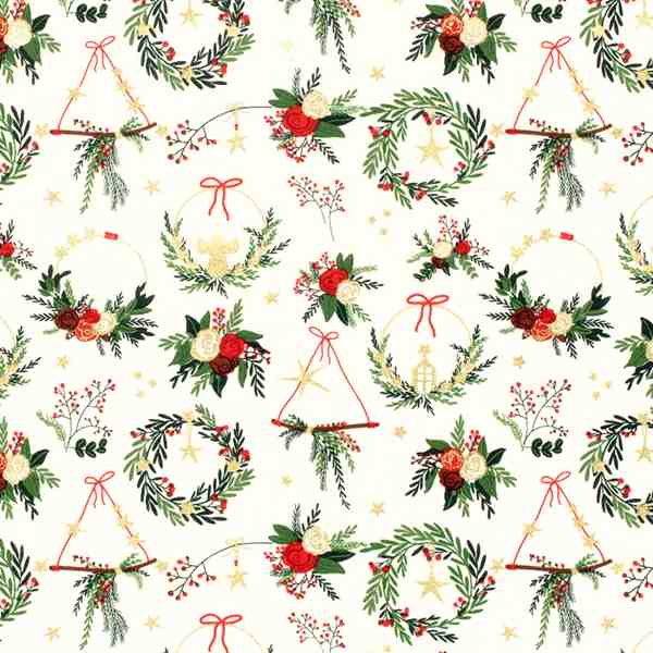 TISSU COTON NOËL COURONNES FLORALES FOND ÉCRU