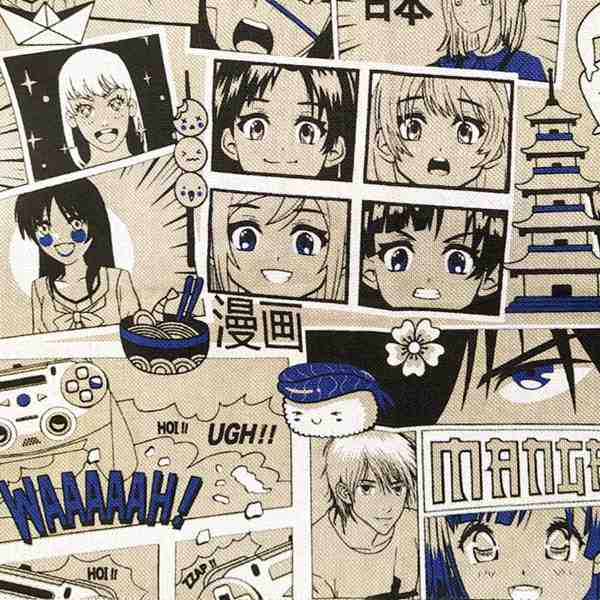 TISSU TOILE PALACE ENDUITE IMPRIMEE MANGA BLEU