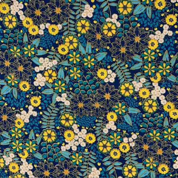 TISSU COTON FLEURS LILY BLEU JAUNE