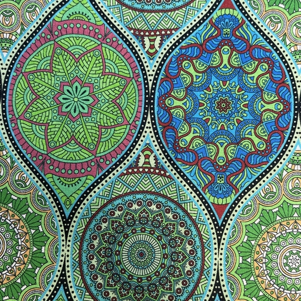 TISSU POPELINE COTON IMPRIME DIGITAL MANDALA VERT