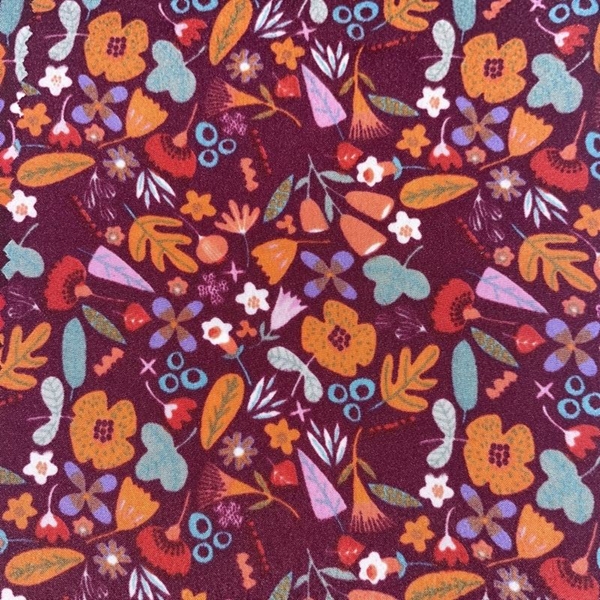 COUPON  POLYESTER FLEUR ORANGE BORDEAU 1M50 X 1M40
