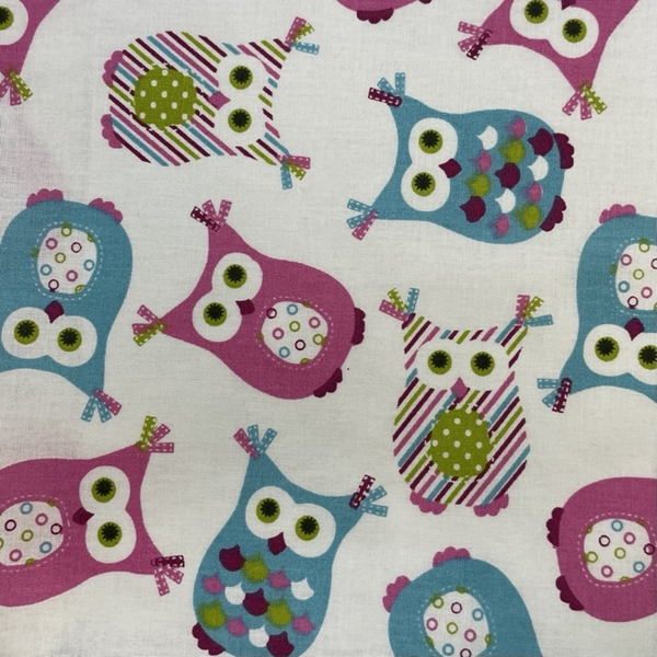 COUPON 75X45CM HIBOU BLEU ROSE FOND BLANC 